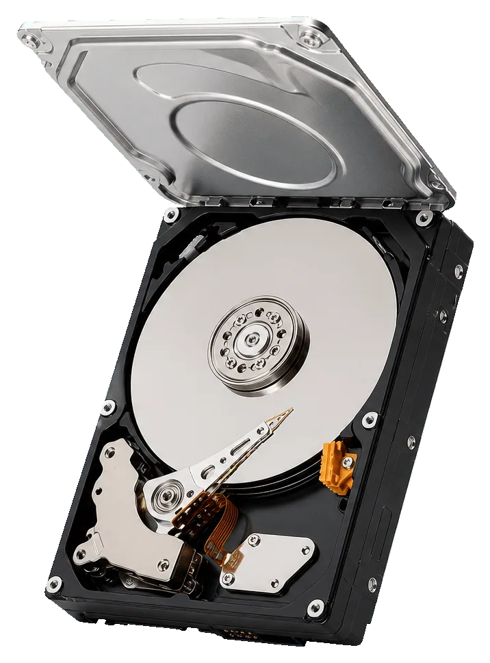 Open hard drive with exposed platter for data recovery