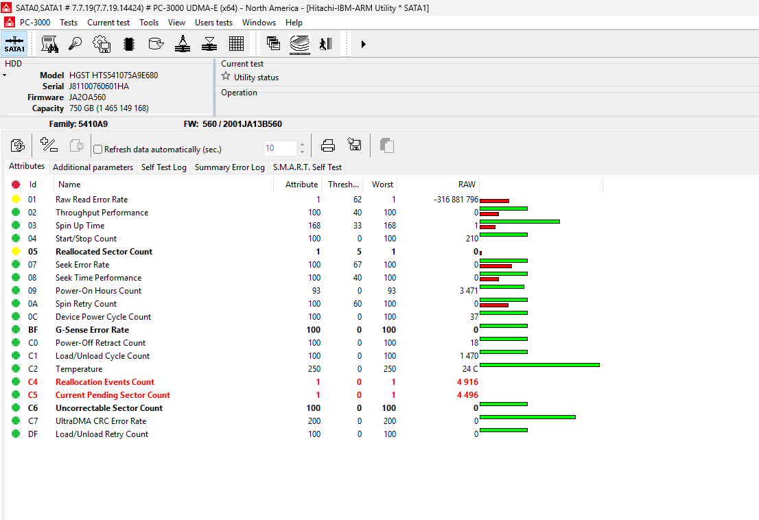 PC-3000 SMART diagnostic results showing hard drive reallocation events and pending sectors