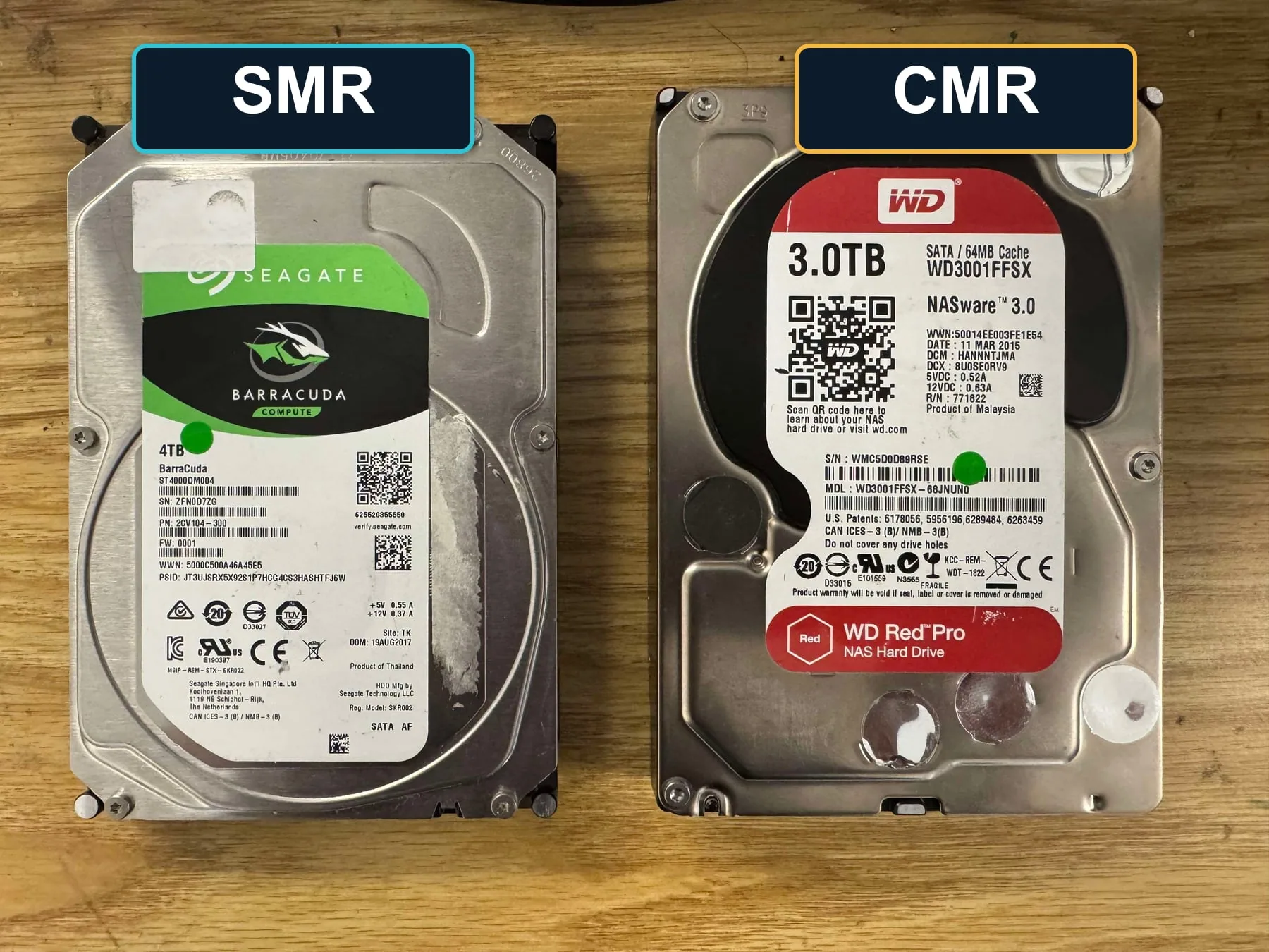 SMR hard drive on the left and CMR hard drive on the right